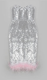 STRAPLESS SEQUIN FEATHER MIDI DRESS IN SILVER Dresses styleofcb 