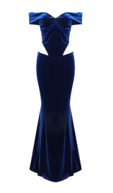 OFF SHOULDER WAIST HOLLOW VELVET MAXI DRESS IN BLUE styleofcb 