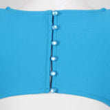 SHOULEDR PAD WAIST BARING FEATHER BLOUSE PLEATED DRESS IN BLUE styleofcb 