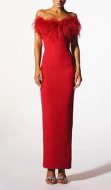 STRETCH STRAPLESS FEATHER TRIMMED GOWN IN RED styleofcb 