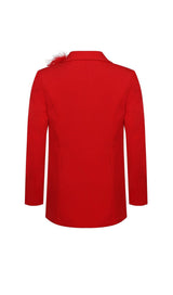 RED BLAZER SUIT WITH FEATHER TRIM Bottoms styleofcb 