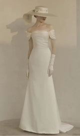ONE-LINE SHOULDER AND WAISTED FISHTAIL DRESS IN WHITE styleofcb 