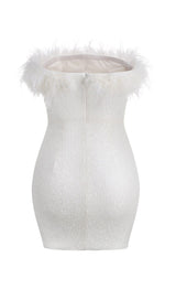 SEQUIN FEATHER STRAPLESS MINI DRESS IN WHITE styleofcb 