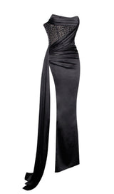 HOLLY BLACK CRYSTALLIZED CORSET HIGH SLIT SATIN GOWN Dresses styleofcb 