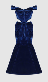 OFF SHOULDER WAIST HOLLOW VELVET MAXI DRESS IN BLUE styleofcb 