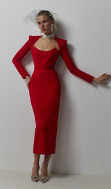 SQUARE SHOULDER CORSET MIDI DRESS IN RED styleofcb 