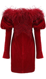 OFF SHOULDER OSTRICH FUR DECORATIVE SLIM-FIT MINI DRESS IN RED styleofcb 