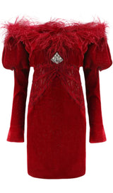 OFF SHOULDER OSTRICH FUR DECORATIVE SLIM-FIT MINI DRESS IN RED styleofcb 
