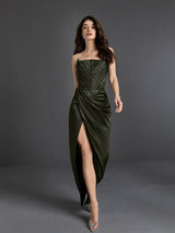 STRAPLESS SATIN SPLIT MAXI DRESS Dresses styleofcb 