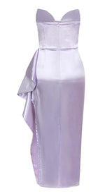 BANDEAU RUCHED SATIN MIDI DRESS IN LILAC DRESS STYLE OF CB 