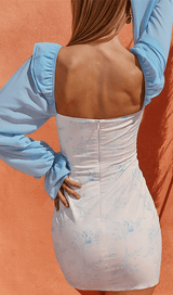 BLUE FLARED SLEEVE PRINT MINI DRESS
