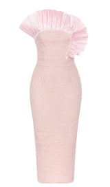 BODYCON RUFFLE DETAIL MIDI DRESS IN PINK DRESS STYLE OF CB 