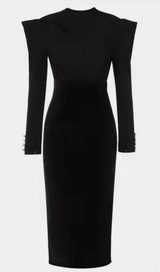 Black Mid-Neck Padded Shoulder Waist Tie Dress