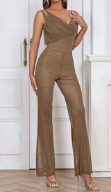 COWL-NECK SEQUIN JUMPSUIT IN KHAKI DRESS STYLE OF CB 