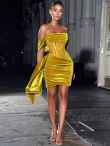 Irisa Gold Draping Off Shoulder Corset Dress Dresses Oh CiCi 