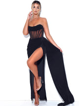 Priya Black Draping Corset High Slit Velvet Gown Dresses Oh CiCi 