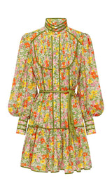 FLORAL PRINT LACE-UP MIDI DRESS IN AUTUMN LEAVES DRESS STYLE OF CB 
