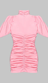 FLOWER-EMBELLISHED RUCHED MINI DRESS IN PINK DRESS STYLE OF CB 