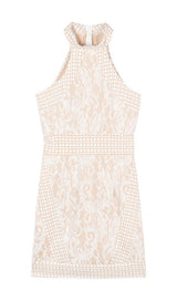 HIGH NECK CROCHET MINI DRESS IN BEIGE DRESS styleofcbdress 