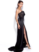 Holly Black Crystallized Corset High Slit Satin Gown Dresses Oh CiCi 