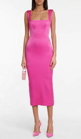 SQUARE-NECK SATIN MIDI DRESS IN ROSE RED styleofcb 