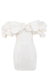 IVORY SATIN RUFFLE STRAPLESS DRESS