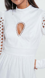 LONG SLEEVE EYELET EMBELLISHMENT MINI DRESS IN WHITE DRESS styleofcb 
