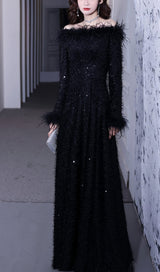 SEQUIN SEXY OFF SHOULDER FEATHER LONG SLEECES GOWN IN BLACK styleofcb 