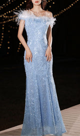 FEATHER SEQUIN BACK STRAP BODICE MAXI DRESS IN LIGHT BLUE styleofcb 