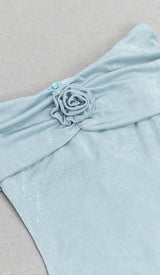 OFF SHOULDER RUFFLED MAXI DRESS IN TINGED BLUE DRESS STYLE OF CB 
