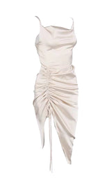 OLIVE GREEN SLIT PLEATED SLING MIDI DRESS ohmogo 