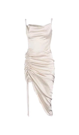 OLIVE GREEN SLIT PLEATED SLING MIDI DRESS ohmogo 
