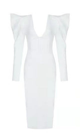 PUFF SLEEVE MESH MIDI DRESS IN WHITE