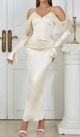 SILK COLD SHOULDER MIDI DRESS IN APRICOT DRESS STYLE OF CB 