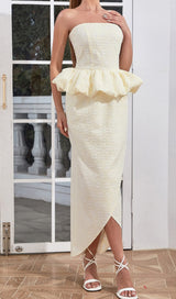STRAPLESS RUFFLE MIDI DRESS IN IVORY DRESS sis label 
