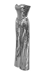 STRAPLESS SILVER SEQUIN TOP PANTS TWO PIECE SET BODYSUITS & JUMPSUITS Oh CICI 