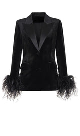 VELVET FEATHER-TRIM JACKET IN BLACK DRESS STYLE OF CB 