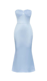 BANDEAU SATIN SLIT MIDI DRESS IN SKY BLUE DRESS STYLE OF CB 
