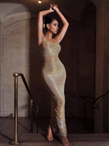 The Glint Gold Ruched Chiffon Long Maxi Dress Dresses Oh CiCi 